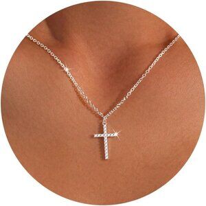 Women 04 Simple Cross CZ 14K Gold Silver Cross Necklace - Non Tarnish Jewelry